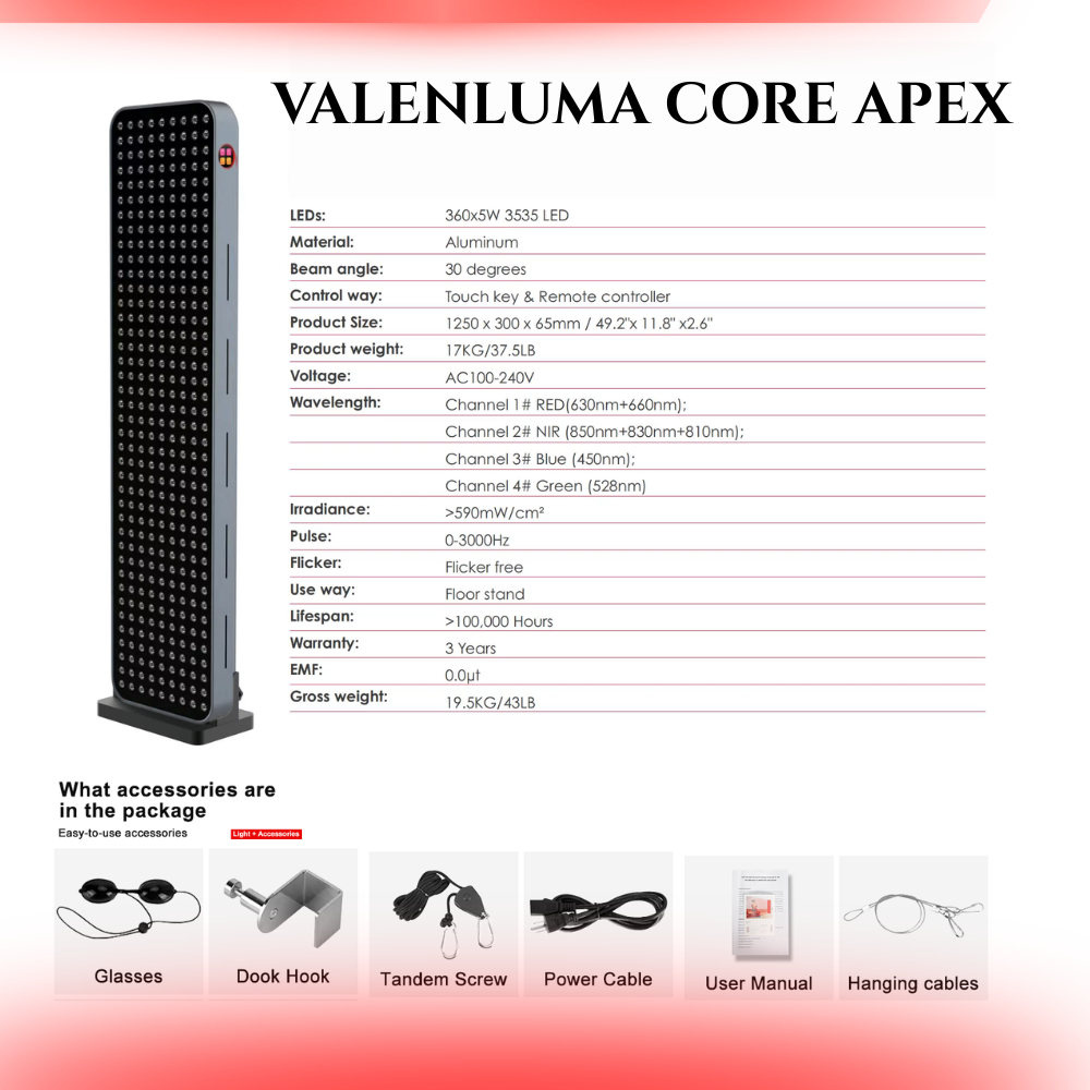 Valenluma Core Apex Series  360 LED Full Body Red Light Therapy Panel with Electric or Manual Stand, 7 Wavelength Near Infrared &amp; 1064nm Infrared Recovery System